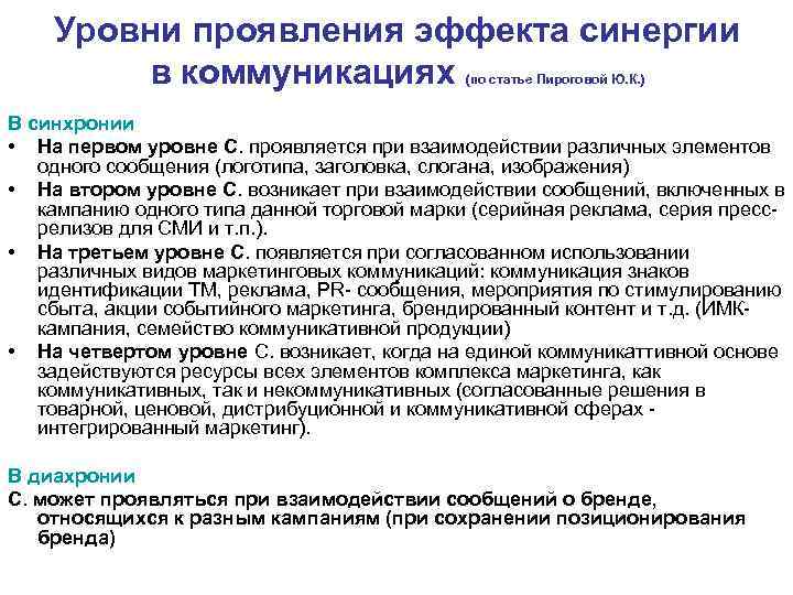 Уровни проявления эффекта синергии в коммуникациях Уровни проявления эффекта синергии в коммуникациях