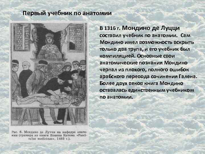 Первый учебник по анатомии В 1316 г. Мондино де Луцци Первый учебник по анатомии В 1316 г. Мондино де Луцци
