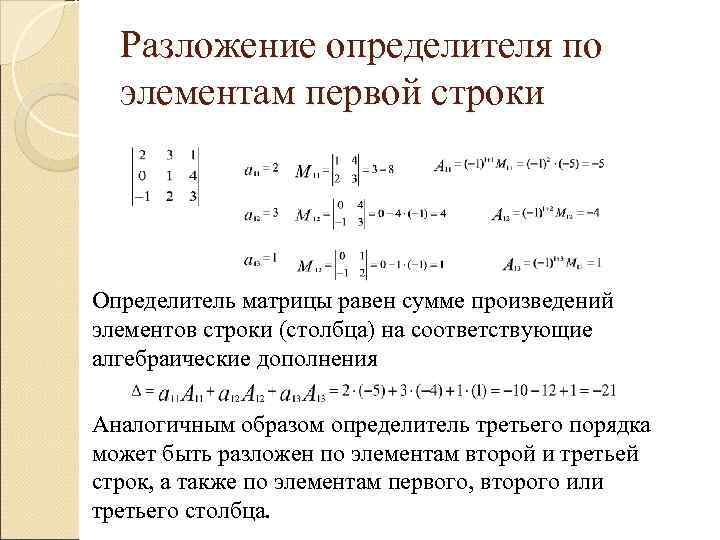 Разложение определителя по элементам первой строки Определитель матрицы равен сумме произведений элементов Разложение определителя по элементам первой строки Определитель матрицы равен сумме произведений элементов