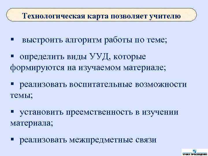 Технологическая карта позволяет учителю § выстроить алгоритм работы по теме; § Технологическая карта позволяет учителю § выстроить алгоритм работы по теме; §