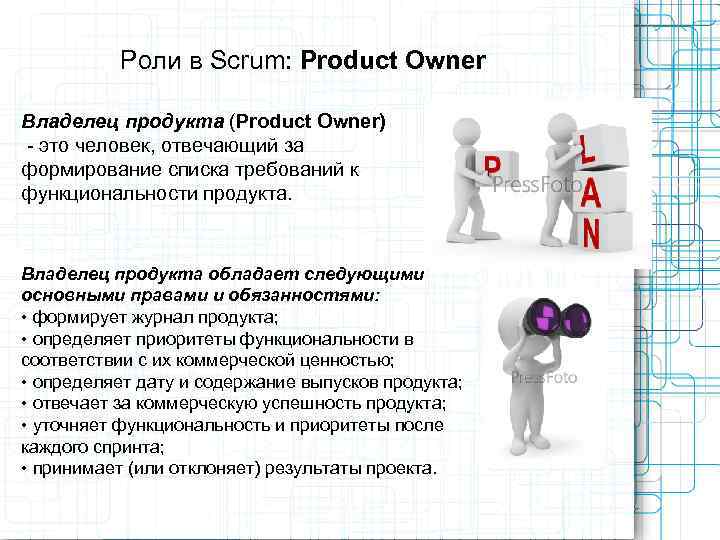    Роли в Scrum: Product Owner Владелец продукта (Product Owner) - это