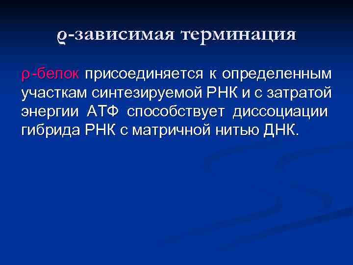   ρ-зависимая терминация ρ -белок присоединяется к определенным участкам синтезируемой РНК и с