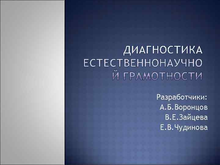 Разработчики:  А. Б. Воронцов  В. Е. Зайцева Е. В. Чудинова 