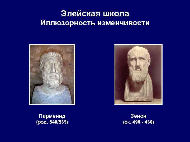    Элейская школа Иллюзорность изменчивости Парменид   Зенон (род. 540/539) 