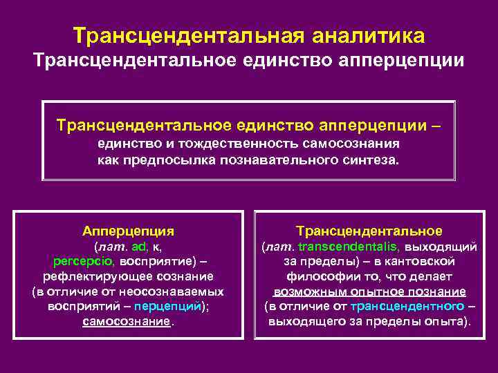  Трансцендентальная аналитика Трансцендентальное единство апперцепции –   единство и тождественность самосознания 