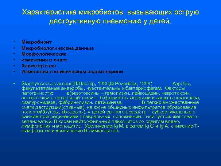   Характеристика микробиотов, вызывающих острую   деструктивную пневмонию у детей.  •