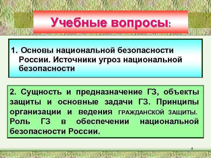   Учебные вопросы:  1. Основы национальной безопасности  России. Источники угроз национальной