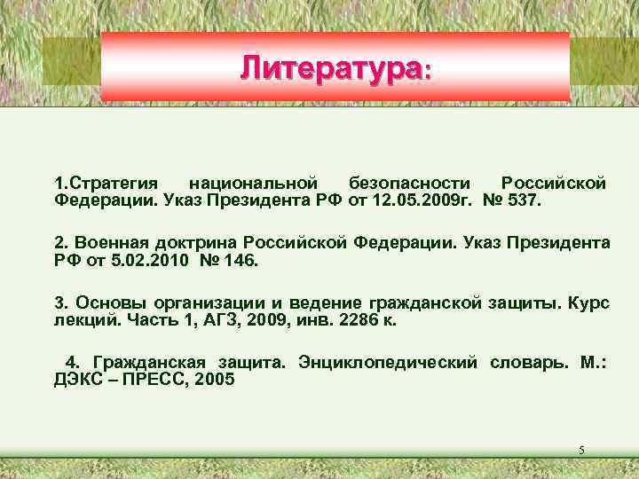     Литература:  1. Стратегия  национальной  безопасности Российской Федерации.