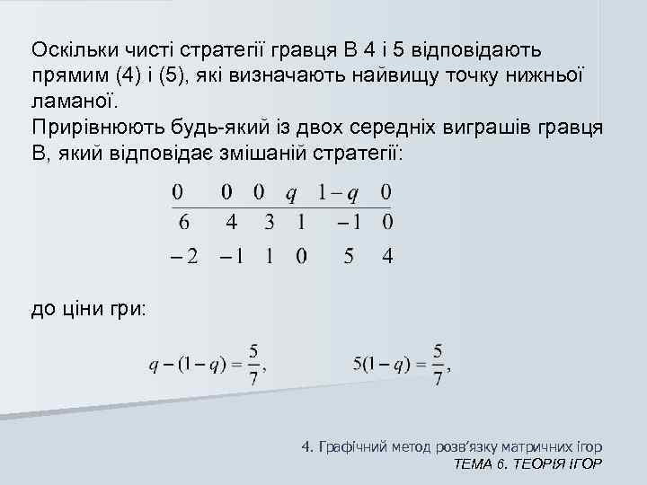 Оскільки чисті стратегії гравця В 4 і 5 відповідають прямим (4) і (5), які