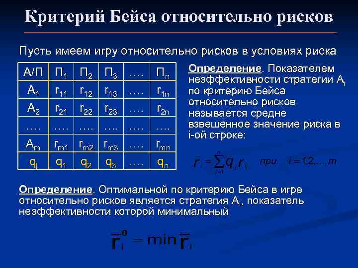  Критерий Бейса относительно рисков Пусть имеем игру относительно рисков в условиях риска A/П