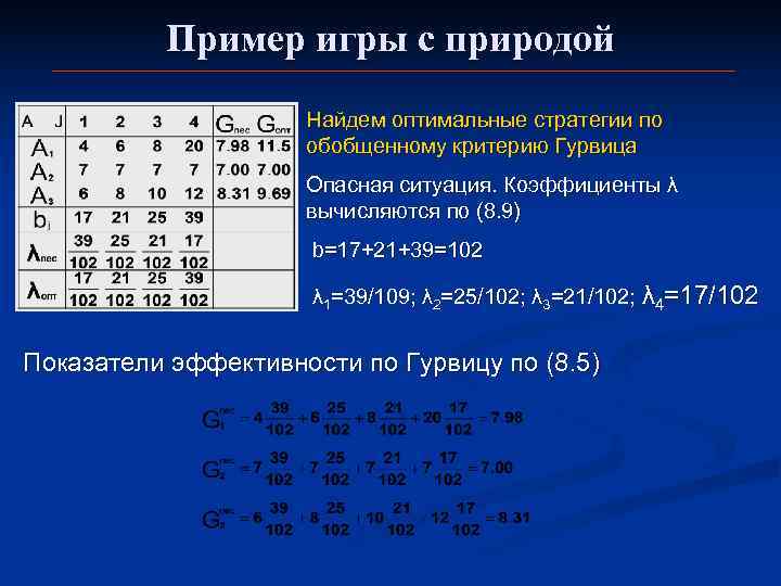    Пример игры с природой     Найдем оптимальные стратегии