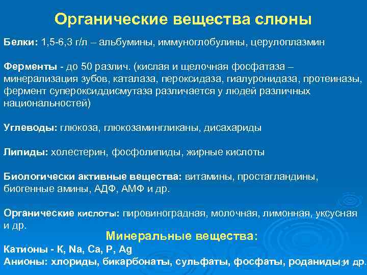    Органические вещества слюны Белки: 1, 5 -6, 3 г/л – альбумины,