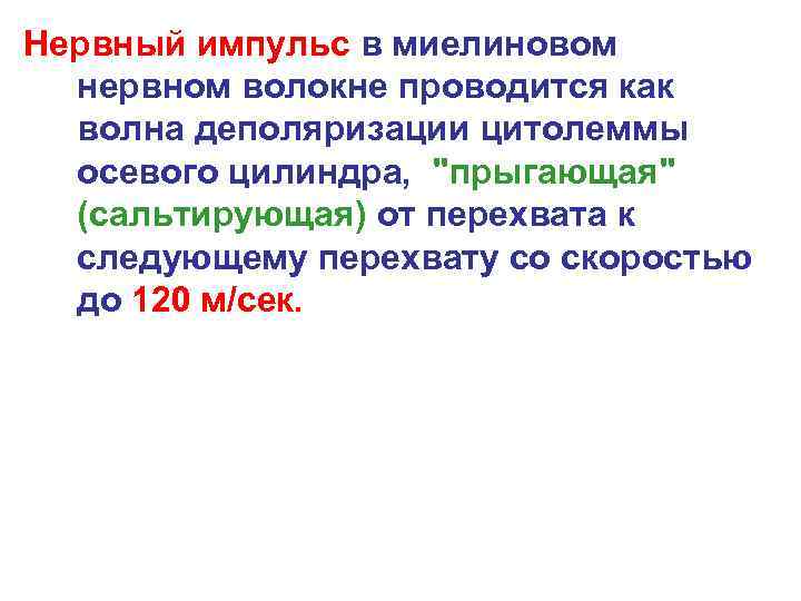 Нервный импульс в миелиновом  нервном волокне проводится как  волна деполяризации цитолеммы 