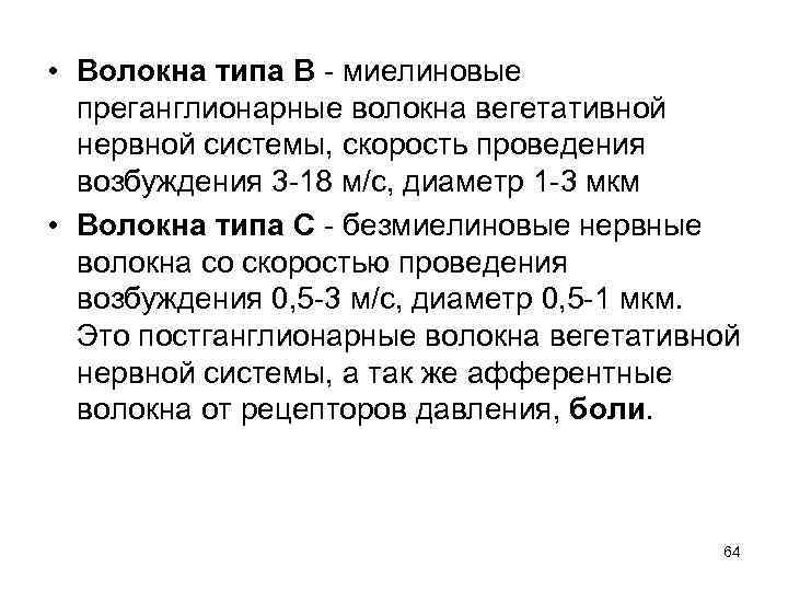  • Волокна типа В - миелиновые  преганглионарные волокна вегетативной  нервной системы,