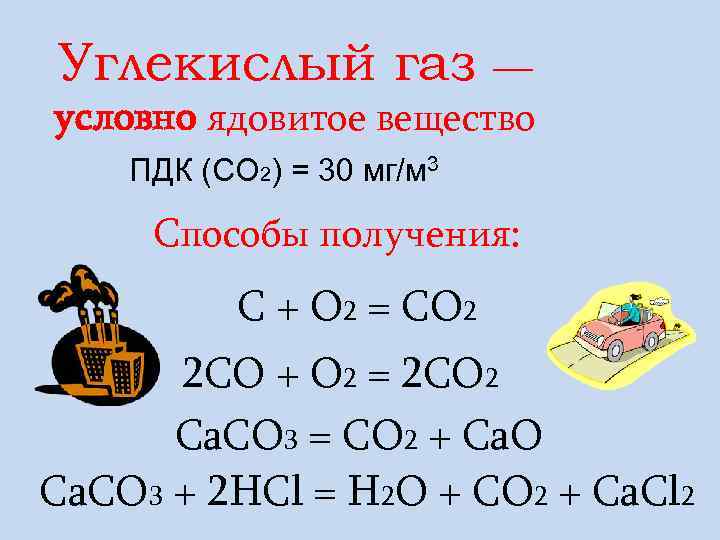 Углекислый газ   — условно ядовитое вещество ПДК (СО 2) = 30 мг/м