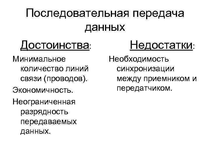   Последовательная передача   данных Достоинства:   Недостатки: Минимальное  Необходимость