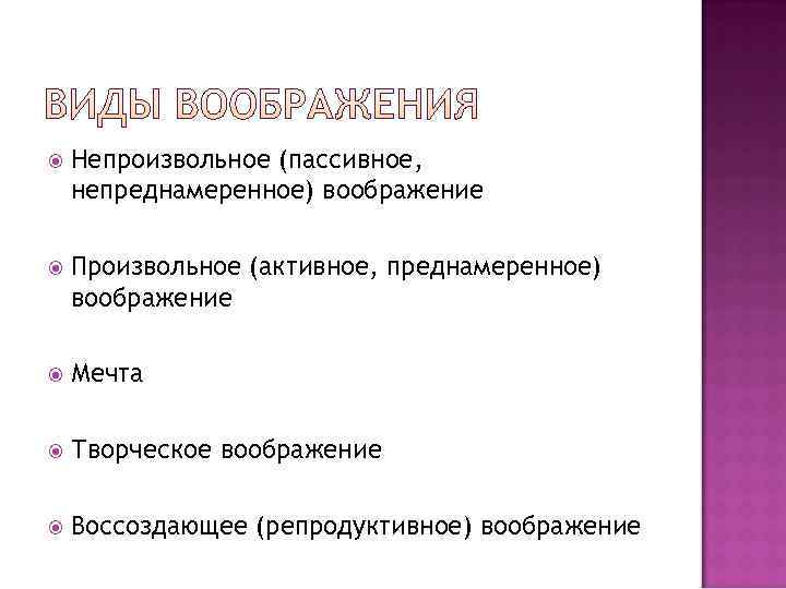   Непроизвольное (пассивное, непреднамеренное) воображение Произвольное (активное, преднамеренное) воображение Мечта Творческое воображение Воссоздающее