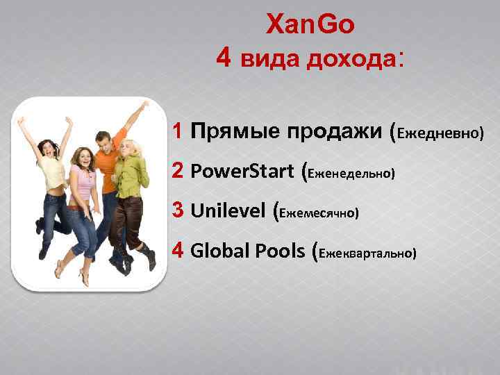 Xan. Go 4 вида дохода: 1 Прямые продажи (Ежедневно) 2 Power. Xan. Go 4 вида дохода: 1 Прямые продажи (Ежедневно) 2 Power.