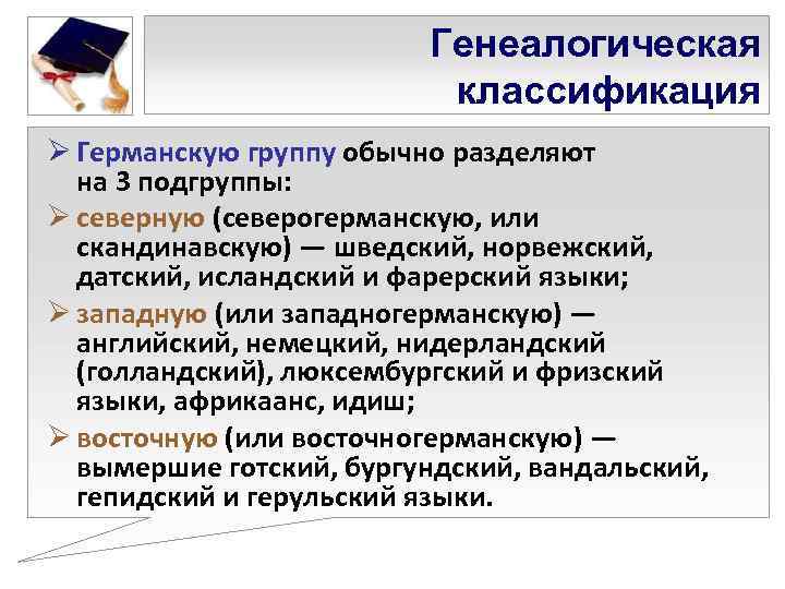      Генеалогическая      классификация Ø Германскую