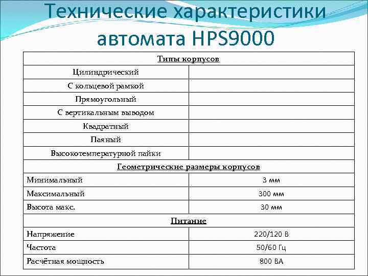   Технические характеристики   автомата HPS 9000     