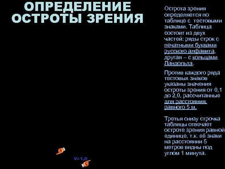  ОПРЕДЕЛЕНИЕ Острота зрения  ОСТРОТЫ ЗРЕНИЯ   определяется по   