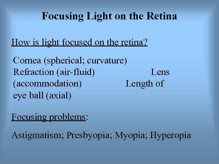   Focusing Light on the Retina How is light focused on the retina?
