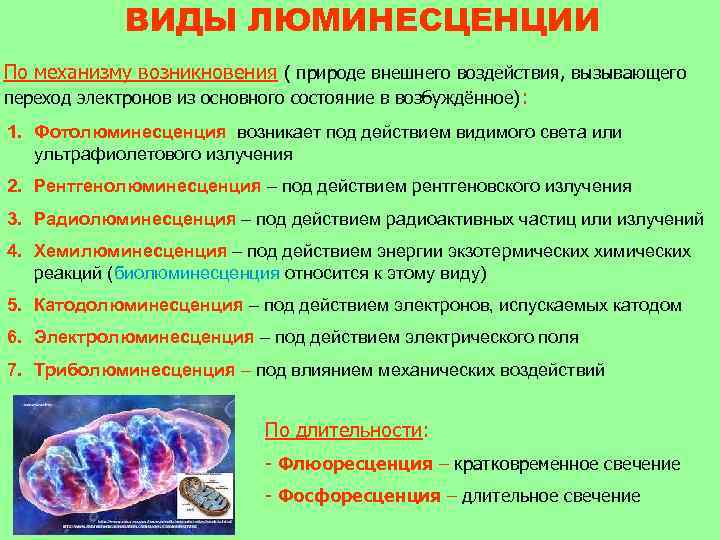   ВИДЫ ЛЮМИНЕСЦЕНЦИИ По механизму возникновения ( природе внешнего воздействия, вызывающего переход электронов