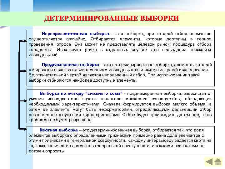   ДЕТЕРМИНИРОВАННЫЕ ВЫБОРКИ  Нерепрезентативная выборка – это выборка,  при которой отбор