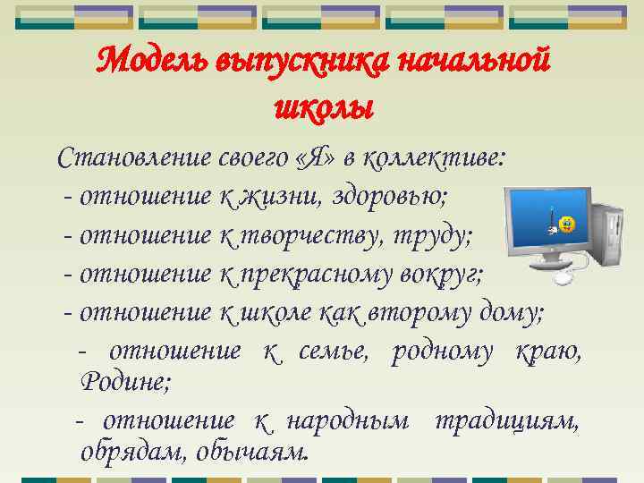  Модель выпускника начальной   школы Становление своего «Я» в коллективе: - отношение