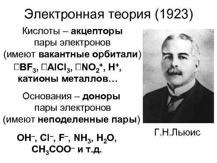   Электронная теория (1923) Кислоты – акцепторы  пары электронов (имеют вакантные орбитали)
