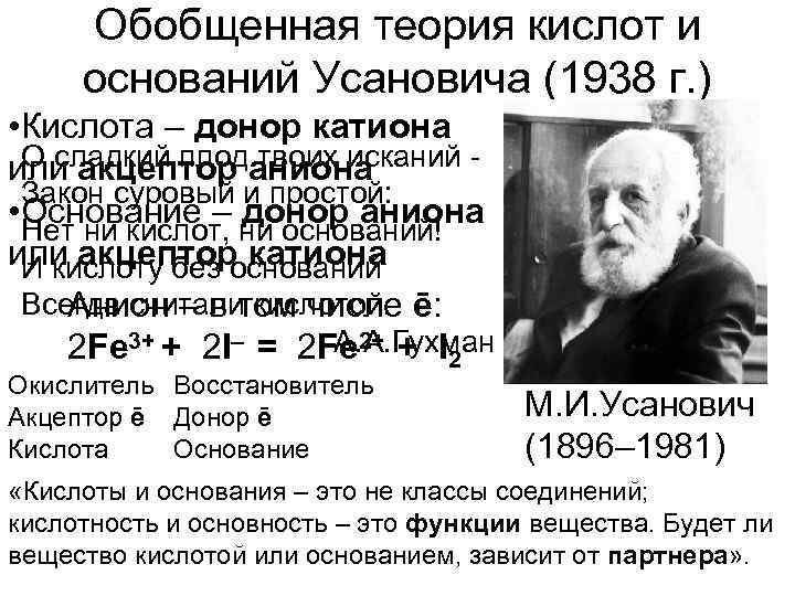  Обобщенная теория кислот и оснований Усановича (1938 г. ) • Кислота – донор