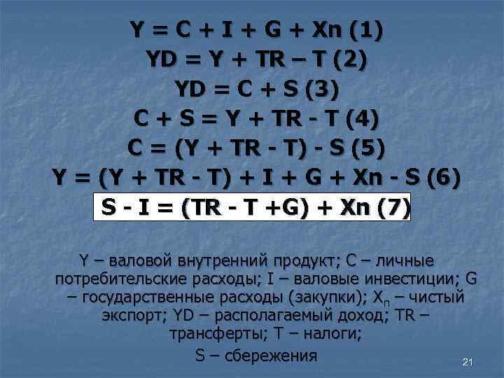   Y = C + I + G + Xn (1)  