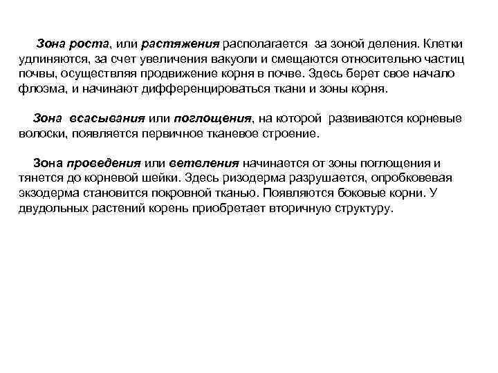    Зона роста, или растяжения располагается за зоной деления. Клетки удлиняются, за