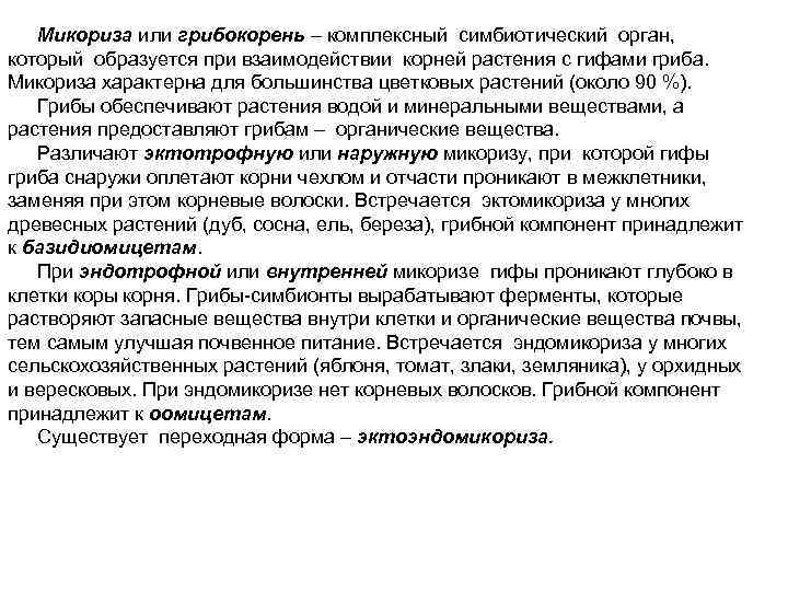   Микориза или грибокорень – комплексный симбиотический орган,  который образуется при взаимодействии