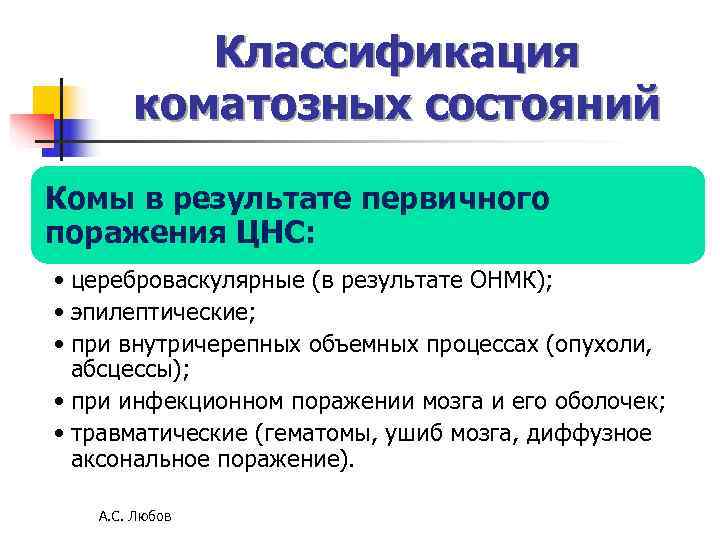 Классификация коматозных состояний Комы в результате первичного поражения ЦНС: Классификация коматозных состояний Комы в результате первичного поражения ЦНС: