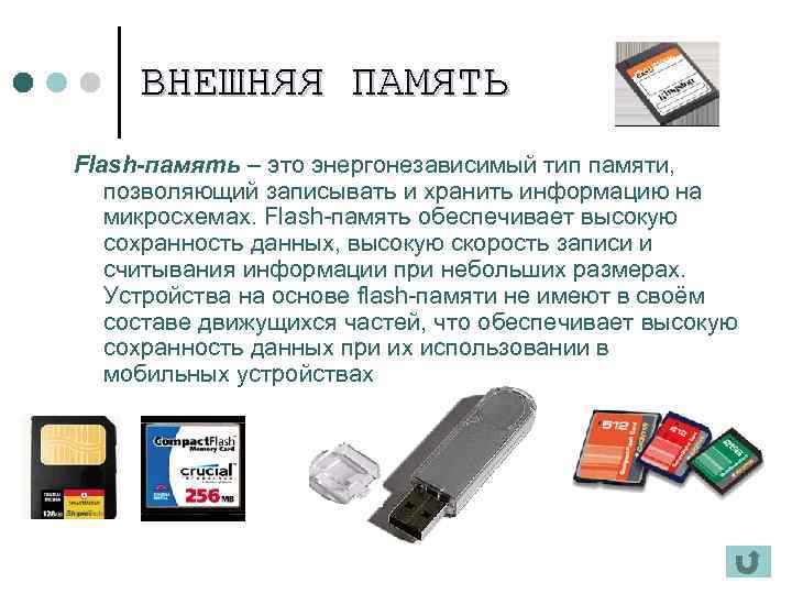  ВНЕШНЯЯ ПАМЯТЬ Flash-память – это энергонезависимый тип памяти, позволяющий записывать и хранить информацию