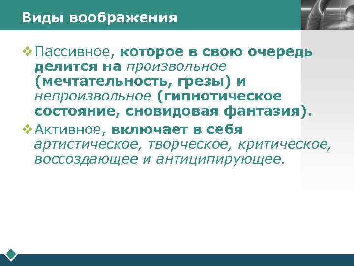 Виды воображения    LOGO  v Пассивное, которое в свою очередь 