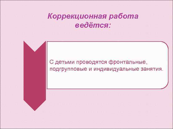 Коррекционная работа  ведётся: С детьми проводятся фронтальные,  подгрупповые и индивидуальные занятия. 