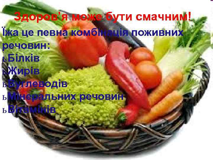  Здоров’я може бути смачним! Їжа це певна комбінація поживних речовин: ь Білків ь