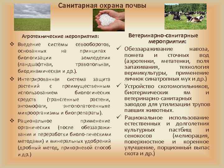    Санитарная охрана почвы  Агротехнические мероприятия:  Ветеринарно-санитарные v Введение системы