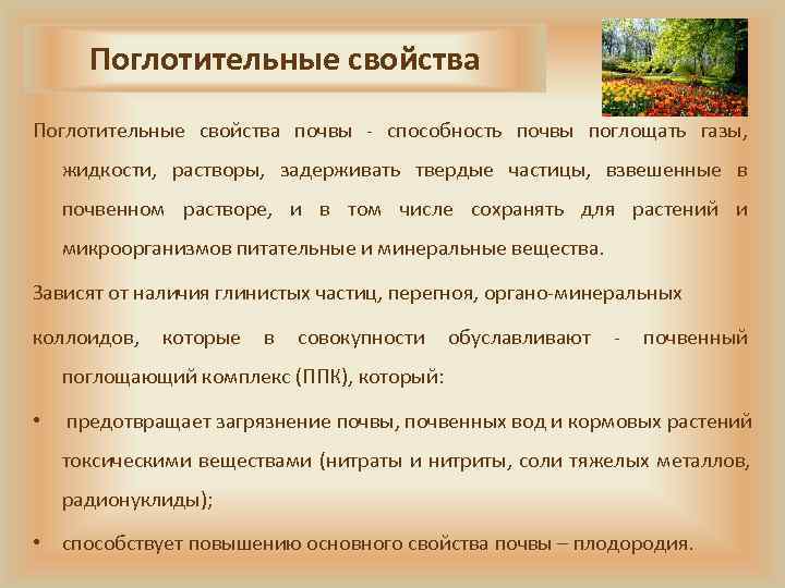 Поглотительные свойства почвы - способность почвы поглощать газы, жидкости, растворы, задерживать твердые частицы,