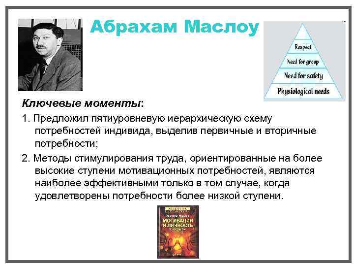   Абрахам Маслоу  Ключевые моменты: 1. Предложил пятиуровневую иерархическую схему  потребностей