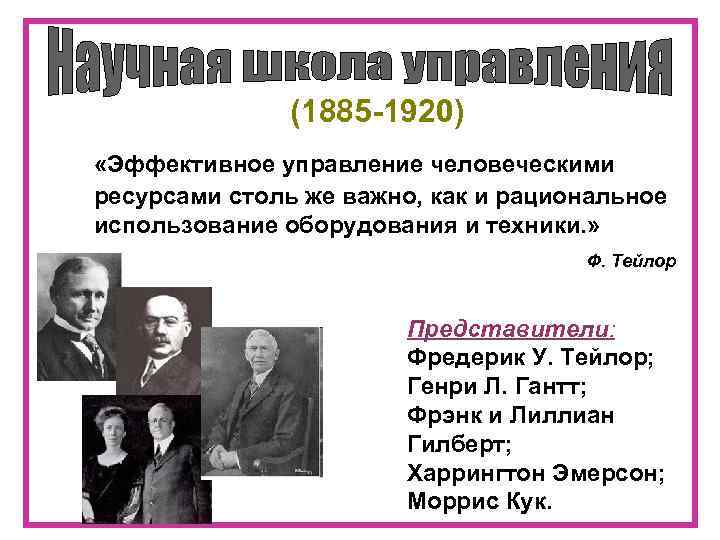     (1885 -1920) «Эффективное управление человеческими ресурсами столь же важно, как