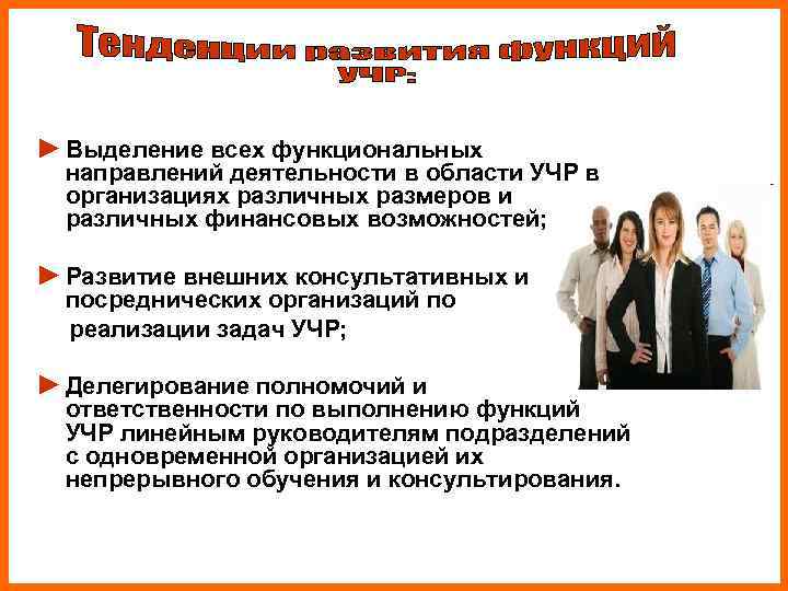 ► Выделение всех функциональных  направлений деятельности в области УЧР в  организациях различных