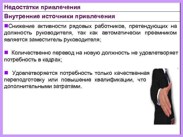 Недостатки привлечения Внутренние источники привлечения n. Снижение активности рядовых работников,  претендующих на должность