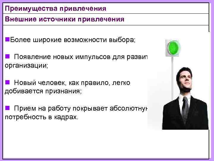 Преимущества привлечения Внешние источники привлечения n. Более широкие возможности выбора;  n Появление новых