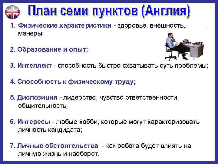 1. Физические характеристики  здоровье, внешность, манеры;  2. Образование и опыт;  3.