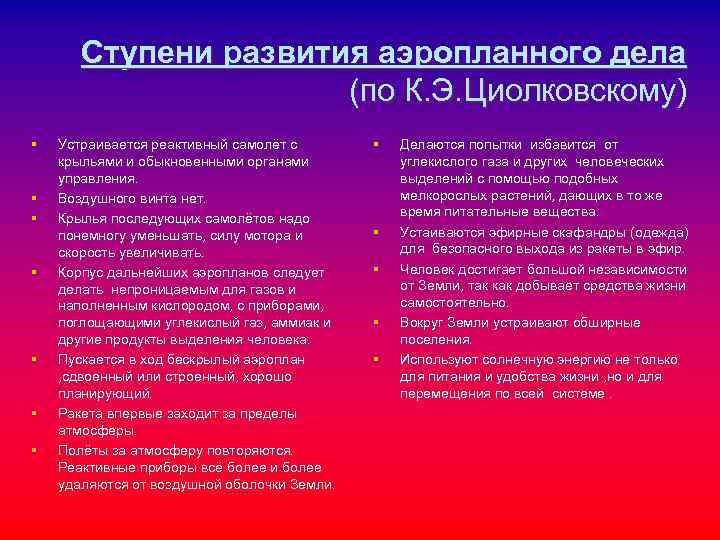 Ступени развития аэропланного дела (по К. Э. Циолковскому) § Ступени развития аэропланного дела (по К. Э. Циолковскому) §