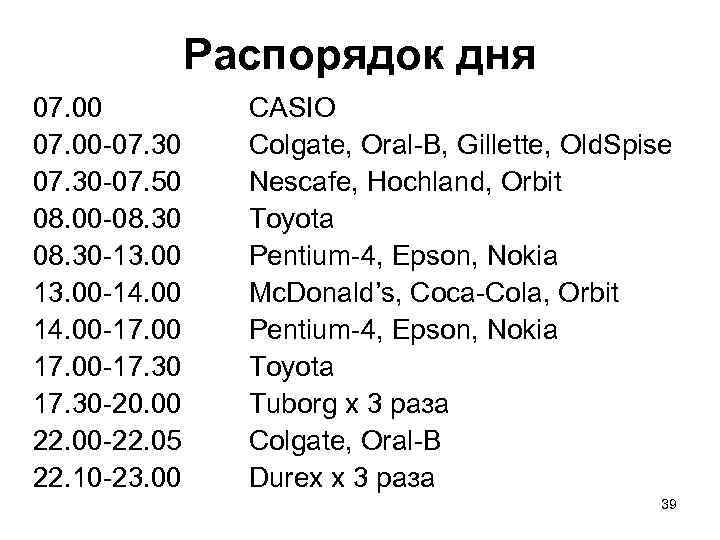    Распорядок дня 07. 00    CASIO 07. 00 -07.