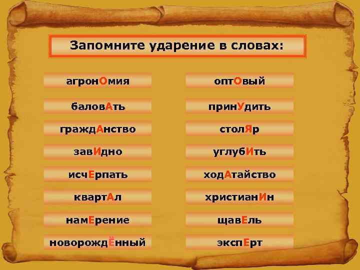 Запомните ударение в словах: агрон. Омия   опт. Овый  балов. Ать